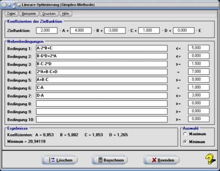 MathProf - Simplex-Methode - Lineare Optimierung - Lineare Ungleichungssysteme berechnen - Lösen von Maximierungsaufgaben - Lineares Optimierungsproblem - Minimierungsproblem - Maximierungsproblem - Rechner - Berechnen - Simplexmethode - Gewinnmaximum - Extremalprobleme - Nichtbasisvariable - Basislösung - Restriktionen - Tableau - Simplextableau