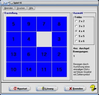 MathProf - Spiel 15 - Loyd's puzzle - Fünfzehnerspiel - Schiebepuzzle - Schieberätsel - Programm - Regeln - Spielen - Zahlen - 15 Puzzle - Lösen - Anleitung - Steine - Zahlenpuzzle - Schiebespiel - Puzzle - Zahlenspiel