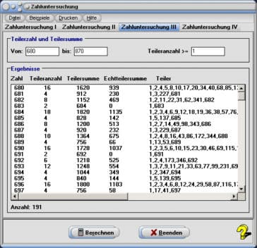 MathProf - Teilersumme - Teileranzahl - Echtteilersumme - Teiler - Zahl - Teilermenge - Teilbarkeit - Tabelle - Liste - Beispiel - Rechner - Berechnen