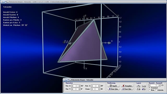 MathProf - Platonische Körper - Reguläre Polyeder - Tetraeder - Dreiseitige Pyramide - Ecken - Kanten - Flächen - Umkugel - Inkugel - Volumen - Winkel  - Rauminhalt - Zeichnen - Rechner - Berechnen