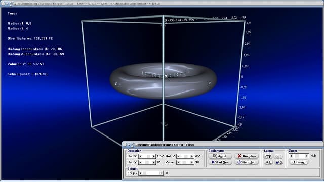 MathProf - Torus - Flächeninhalt - Definition - Volumen - Mantelfläche - Oberfläche - Radius - Umfang - Schwerpunkt - Rauminhalt - Eigenschaften - Formeln - Darstellen - Plotten - Graph - Grafik - Zeichnen - Plotter - Rechner - Berechnen - Schaubild