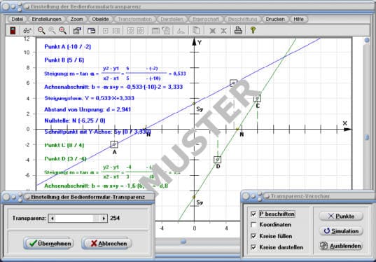 MathProf - Transparenz - Vorschau - Fenster - Grafik - Formular - Gerade - Schnittpunkt - Steigung