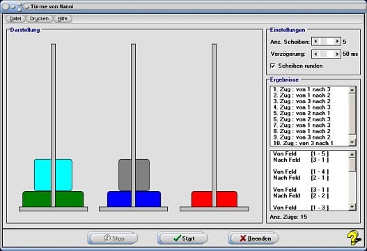 MathProf - Türme - Hanoi - Turmbau von Hanoi - Rechner - Berechnen - Animation - Darstellen - Darstellung  - Berechnung - Rekursiv - Dauer - Lösung - Züge - Programm - Dauer - Anleitung - Spiel