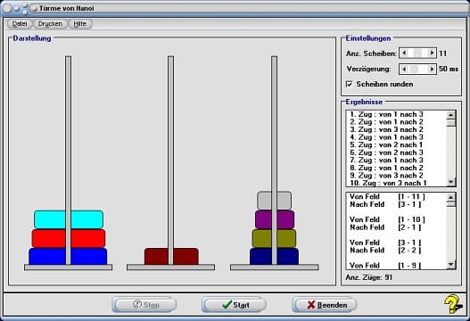 MathProf - Türme - Hanoi - Turmbau von Hanoi - Programm - Simulation - Dauer - Anleitung - Spiel - Anzahl - 3 Scheiben - 4 Scheiben - 6 Scheiben - 7 Scheiben - 8 Scheiben
