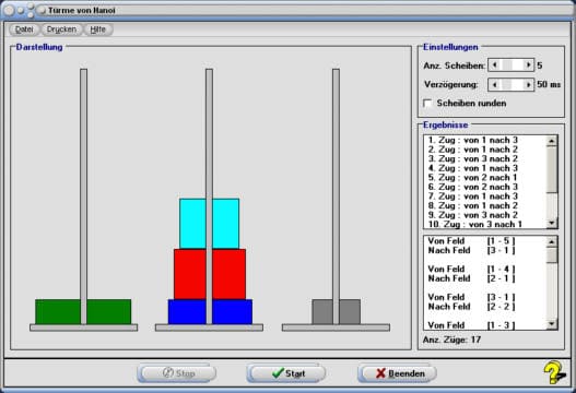 MathProf - Türme von Hanoi - Spiel - Graph - Scheiben - Lösung - Züge - Feld