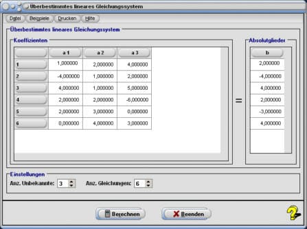 MathProf - Überbestimmtes Gleichungssystem - Überbestimmtes LGS - Überbestimmtes lineares Gleichungssystem - Koeffizienten - Beispiele - Rechner