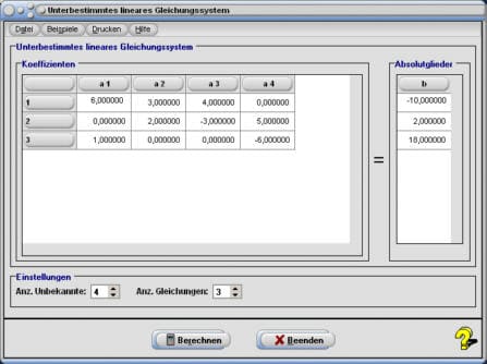 MathProf - Unterbestimmtes Gleichungssystem - Unterbestimmtes LGS - Unterbestimmtes lineares Gleichungssystem - Gleichungssysteme - Koeffizienten - Unbekannte - Rechner - Beispiel - Berechnen - Mehr Unbekannte als Gleichungen - Lösungen für 2 Gleichungen und 3 Unbekannte