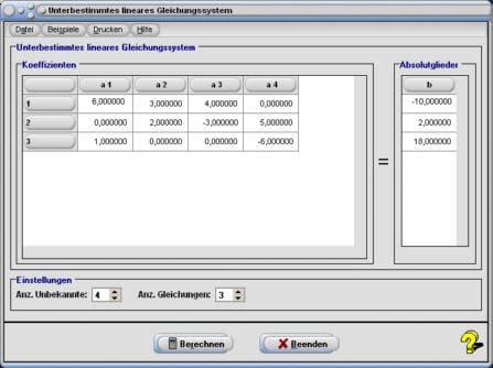 MathProf - Unterbestimmtes Gleichungssystem - Unterbestimmtes LGS - Unterbestimmtes lineares Gleichungssystem - Gleichungssysteme - Koeffizienten - Unbekannte - Rechner - Beispiel - Berechnen - Mehr Unbekannte als Gleichungen - Lösungen für 2 Gleichungen und 3 Unbekannte