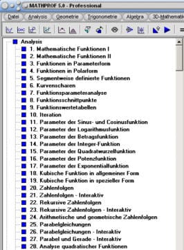 MathProf - Unterprogramme - Liste - Auswahl - Module - Analysis - Geometrie - Stochastik - Trigonometrie