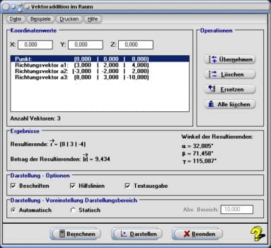 MathProf - Vektoraddition - Resultierende - Winkel - Vektoren addieren - Darstellen - Berechnen - Richtungsvektor - Richtungsvektoren - Betrag - Dreidimensionale Vektoren - Ortsvektor - Dreidimensionaler Vektor - Grafische Addition von Vektoren - Vektoren im R3 - im Raum - Vektorrechner - Koordinaten - Koordinatenursprung - x y z Koordinaten - Vektoren grafisch addieren - Vektordarstellung dreidimensional
