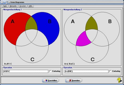 MathProf - Venn-Diagramm - Mengendiagramm - Mengenlehre - Teilmenge - Leere Menge - Mengenalgebra - Schnittmenge - Mengenoperationen - Mengenverknüpfungen - Darstellen - Rechner - Berechnen - Zeichnen - Negation - Negierung - Zeichen - Generator - Symbole - A - B - C - Und - Oder - Kreise - Vorlage