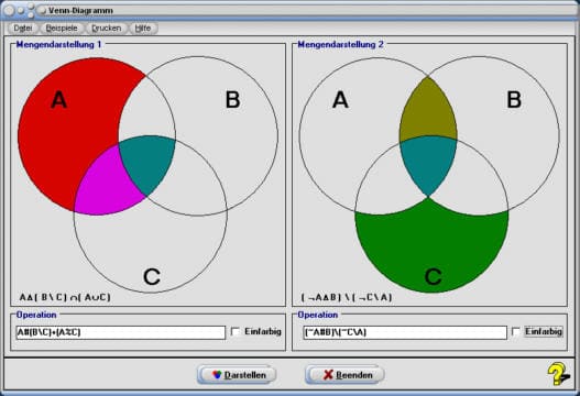 MathProf - Venn-Diagramm - Zeichnen - Erstellen - Plotter - Negation - Negierung - Zeichen - Generator - Symbole - A - B - C - Und - Oder - Kreise - Vorlage - Interpretieren - Interpretation - Symmetrische Differenz - Mengen skizzieren - Teilmengen skizzieren - Veranschaulichen - Mengenrechner - Darstellung von Mengen - Schnittmengen - Teilmenge - Produktmenge - Mengenoperationen - Mengenverknüpfung - Rechner - Berechnen - Zeichnen