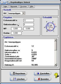 MathProf - Vieleck - Diagonalen - Winkelsumme - Berechnen - Ecken - Flächeninhalt - Innenwinkel - Kreis - Regelmäßiges Vieleck - N-Eck - Vielecke - Innenwinkelsumme - Darstellen - Winkel im Vieleck - Flächenberechnung - Bild - Plotten - Rechner - Plotter