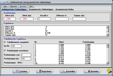 MathProf - Arithmetische Zahlenfolge - Arithmetische Zahlenreihe - Arithmetische Folge - Summe - Konvergenz - Divergenz - Partialsumme - Tabelle - Partialsumme - Darstellen - Rechner - Berechnen - Grafisch - Formel - Explizites Bildungsgesetz - Grenzwert einer Reihe - Konvergente Reihen - Divergente Reihe - Divergente Reihen - Schreibweise - Formeln - Bilder - Beispiele