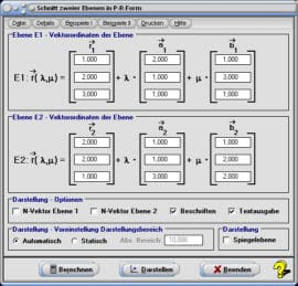 MathProf - Ebene - Schnitt - Spiegelebene - Spiegelung von Ebenen - Schnittgerade - Darstellung - Darstellen - Plotter - Zeichnen - Eigenschaften - Rechner - Berechnen - Berechnung - Grafik