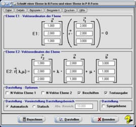 MathProf - Ebenen - Schnittgerade - Ebene Parameterform - Ebene - Punkt-Richtungs-Form - Darstellung - Darstellen - Plotter - Zeichnen - Eigenschaften - Rechner - Berechnen - Berechnung - Grafik