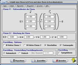 MathProf - Ebene - Normalenform - Spiegelebene - Ebenenspiegelung - Schnittgerade - Lagebeziehung - Darstellung - Darstellen - Plotter - Zeichnen - Eigenschaften - Rechner - Berechnen - Berechnung - Grafik