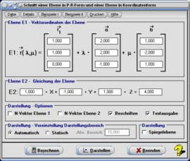 MathProf  Schnittgerade - Schnittwinkel - Spiegelung Ebene - Ebene - Koordinatengleichung - Lagebeziehung - Darstellung - Darstellen - Plotter - Zeichnen - Eigenschaften - Rechner - Berechnen - Berechnung - Grafik