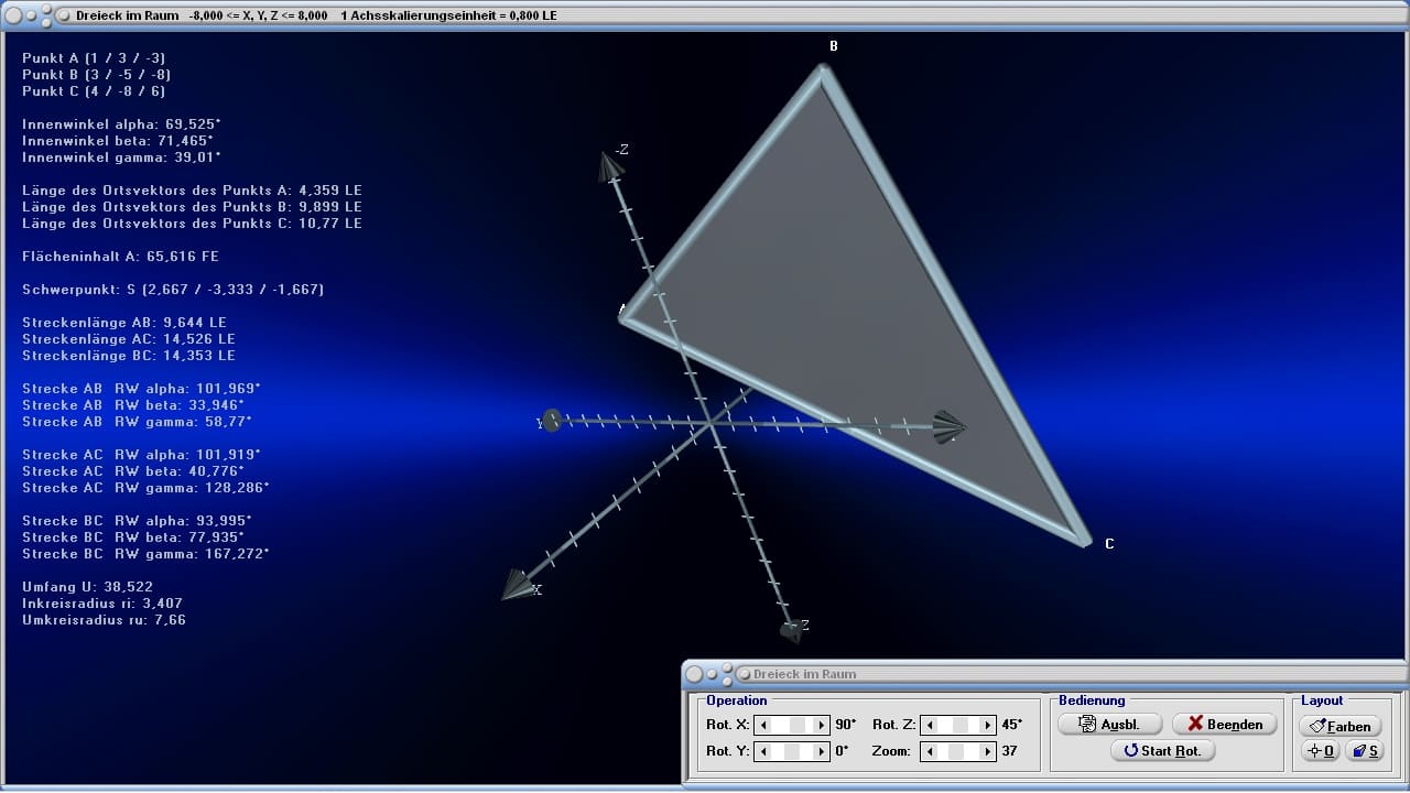 MathProf - Dreieck - Räumlich - Seitenfläche - Definition - Grafisch - Bild - Arbeitsblatt - Arbeitsblätter - Unterrichtsmaterial - 3D - Dreieck - Dreidimensional - Schwerpunkt - Winkel - Fläche - Mittelpunkt - Eigenschaften - Darstellen - Zeichnen - Rechner - Berechnen - Schaubild