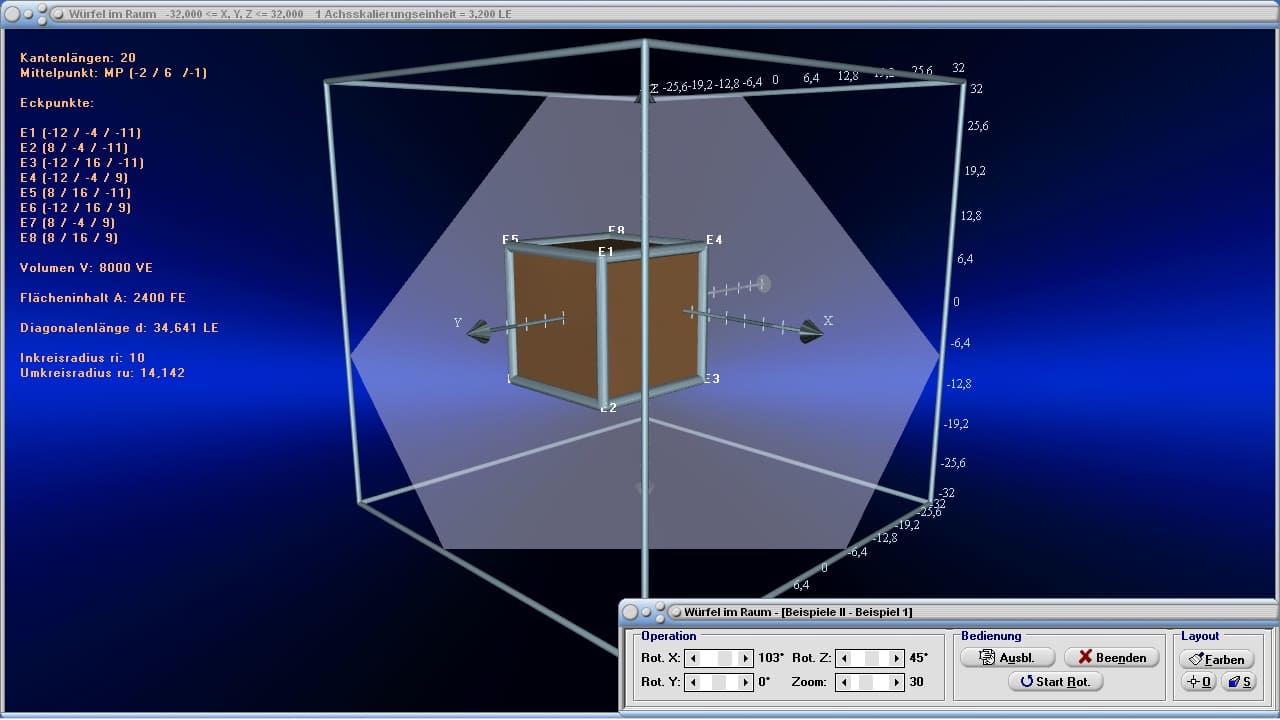 MathProf - Würfel - Formel - Raumdiagonalen - Beispiel - 3D-Würfel - Hexaeder - Stereometrie - Raumdiagonalen - Kantenlängen - Eckpunkte - Punkte - Grundfläche - Mantelfläche - Grundseite - 3D - Eigenschaften - Zeichnen - Rechner - Berechnen - Schaubild