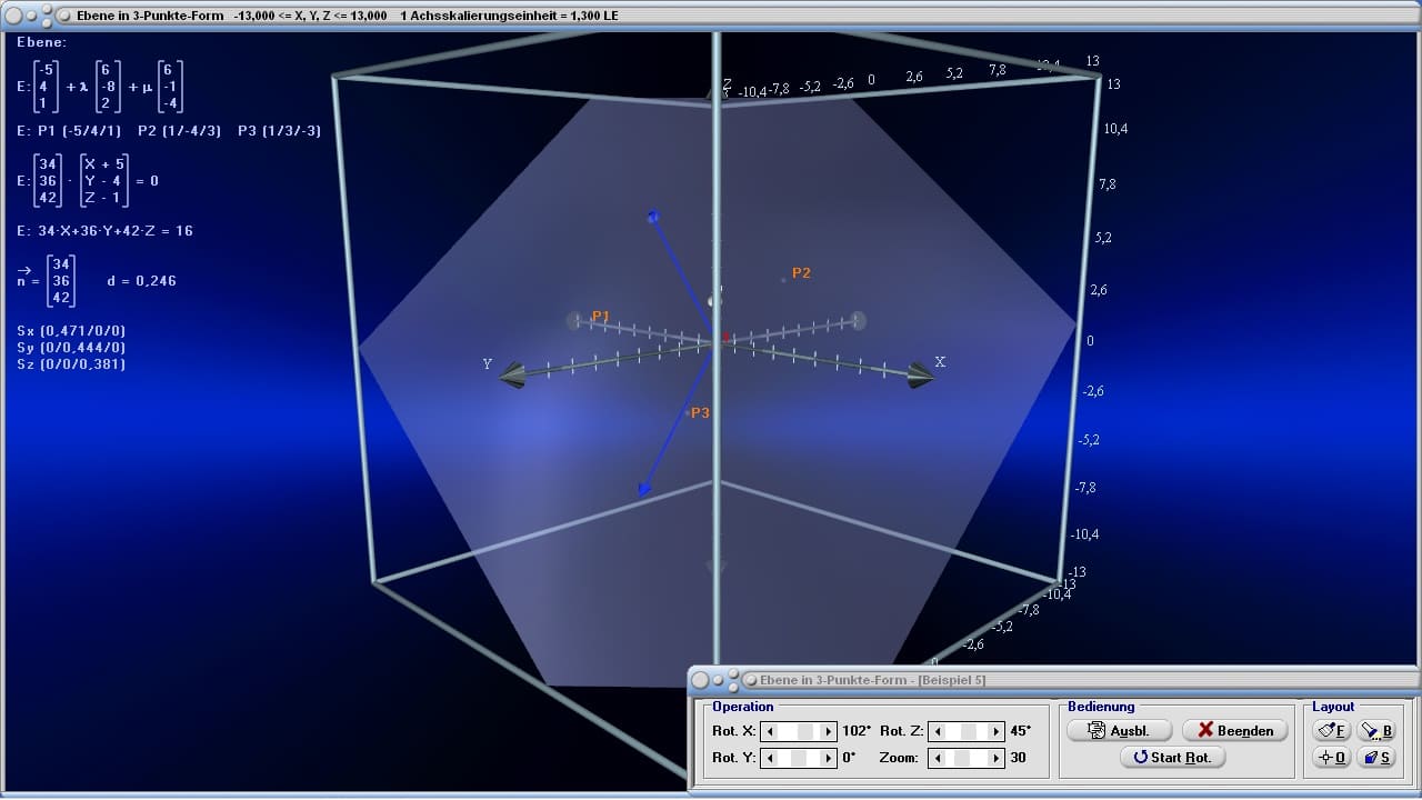 MathProf - Ebene - Ebenen - Geraden - Lagebeziehung - Spurpunkte - Vektorielle Gleichung - Vektorrechnung - Darstellen - Gleichung - Punkte - Beispiel - Lagebeziehungen - Abstand - Gerade - Punkt - Ebenengleichung - Schnittpunkt von Gerade und Ebene - Richtungsvektor - Stützvektor - Ortsvektor - Ebenen im Raum - Durchstoßpunkt - Ebene durch 3 Punkte - Schnittpunkt Gerade Ebene - Vektorgeometrie - Abstand Ebene Gerade - Rechner - Berechnen