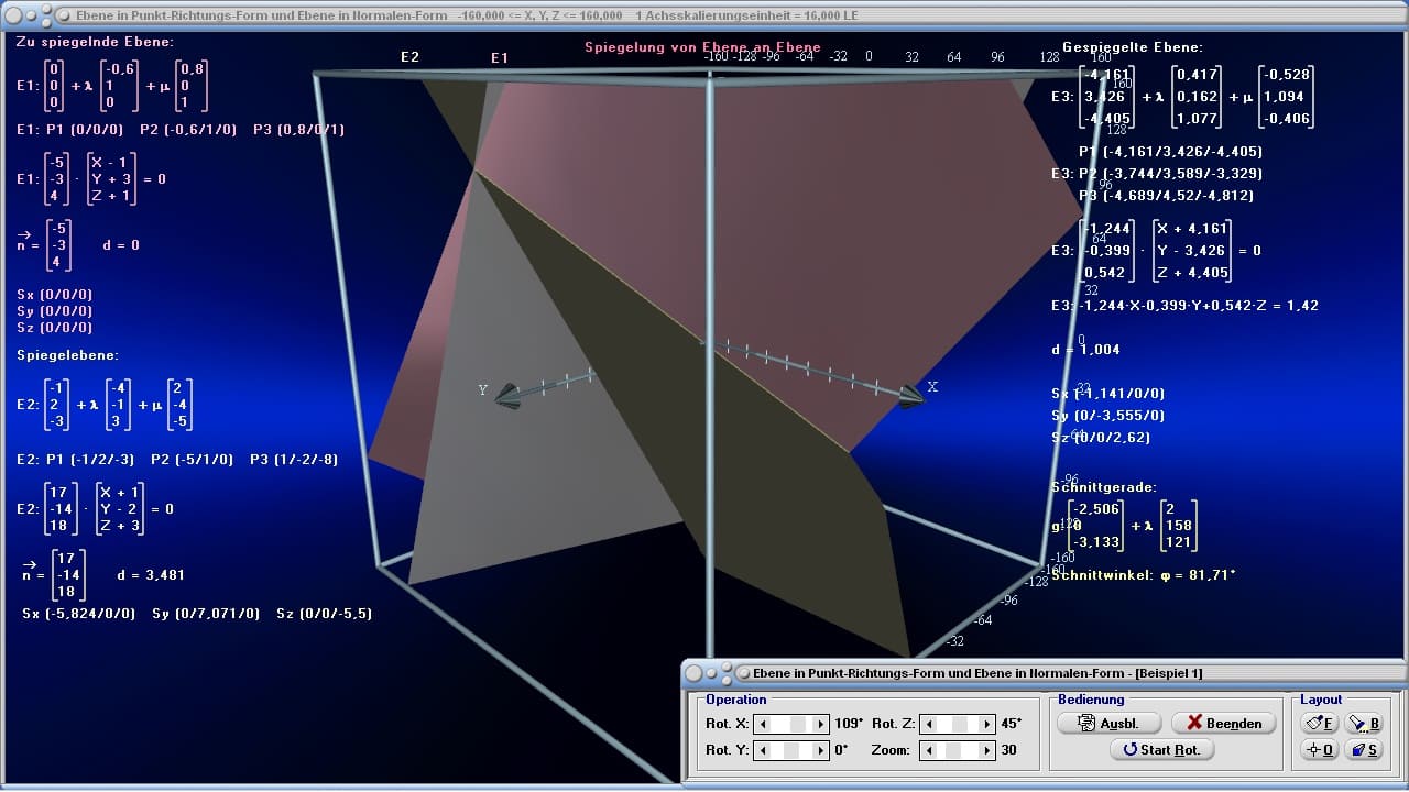MathProf - Ebene - Ebenen - Punkt - Lagebeziehung - Spurpunkte - Vektorielle Gleichung - Vektorrechnung - Darstellen - Gleichung - Punkte - Beispiel - Ortsvektor - Richtungsvektor - Schnittgerade zweier Ebenen - Schnittgerade - Ebenengleichung - Ebenen im Raum - Lagebeziehung Ebene-Ebene - Schnittgerade zweier Ebenen - Schnittwinkel zwischen zwei Ebenen - Abstand zweier Ebenen - Ebenengleichungen  - Ebenengleichung