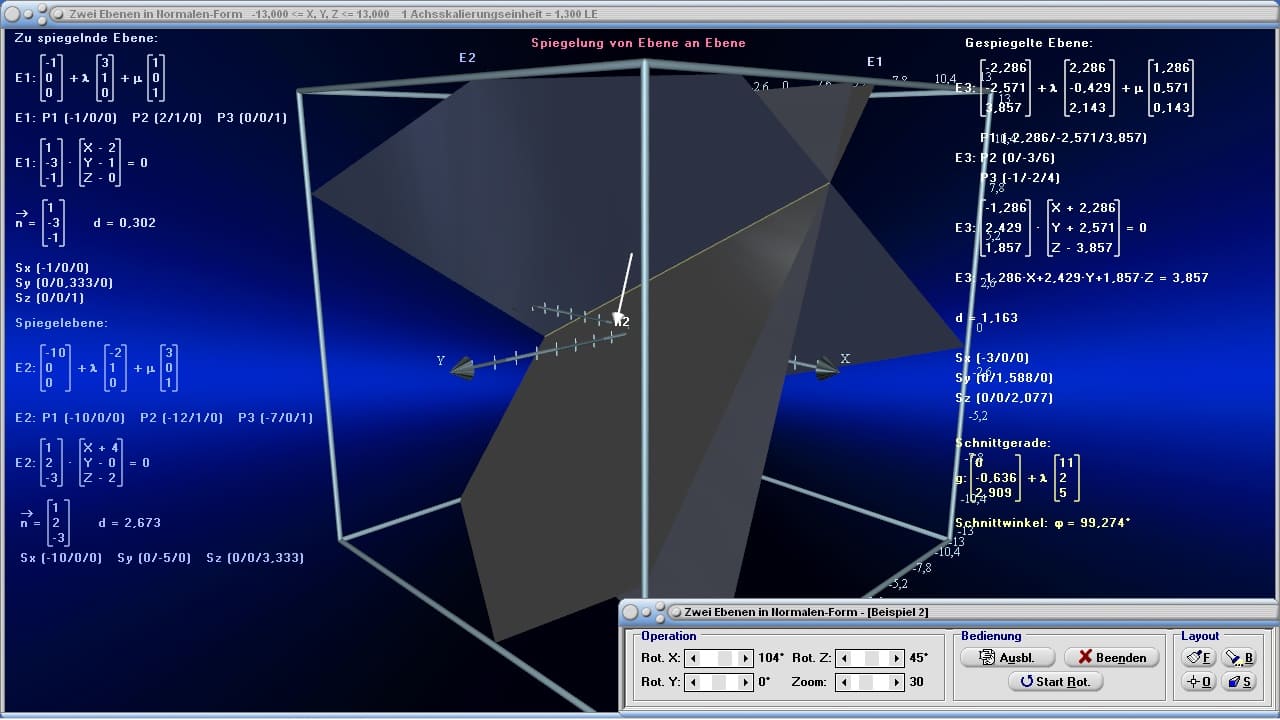 MathProf - Ebene-Ebene - Gegenseitige Lage von Ebenen - Schnitt zweier Ebenen - Schnitt Ebene Ebene - Lagebeziehung Ebene-Ebene - Lagebeziehung Ebene Punkt - Schnittgerade Ebene-Ebene - Schnittwinkel zwischen zwei Ebenen - Normalengleichung einer Ebene bestimmen - Ortsvektor einer Ebene bestimmen - Richtungsvektor einer Ebene bestimmen - Parametergleichung einer Ebene - Parameterdarstellung einer Ebene - Koordinatengleichung einer Ebene - Lage zweier Ebenen - Rechner - Berechnen
