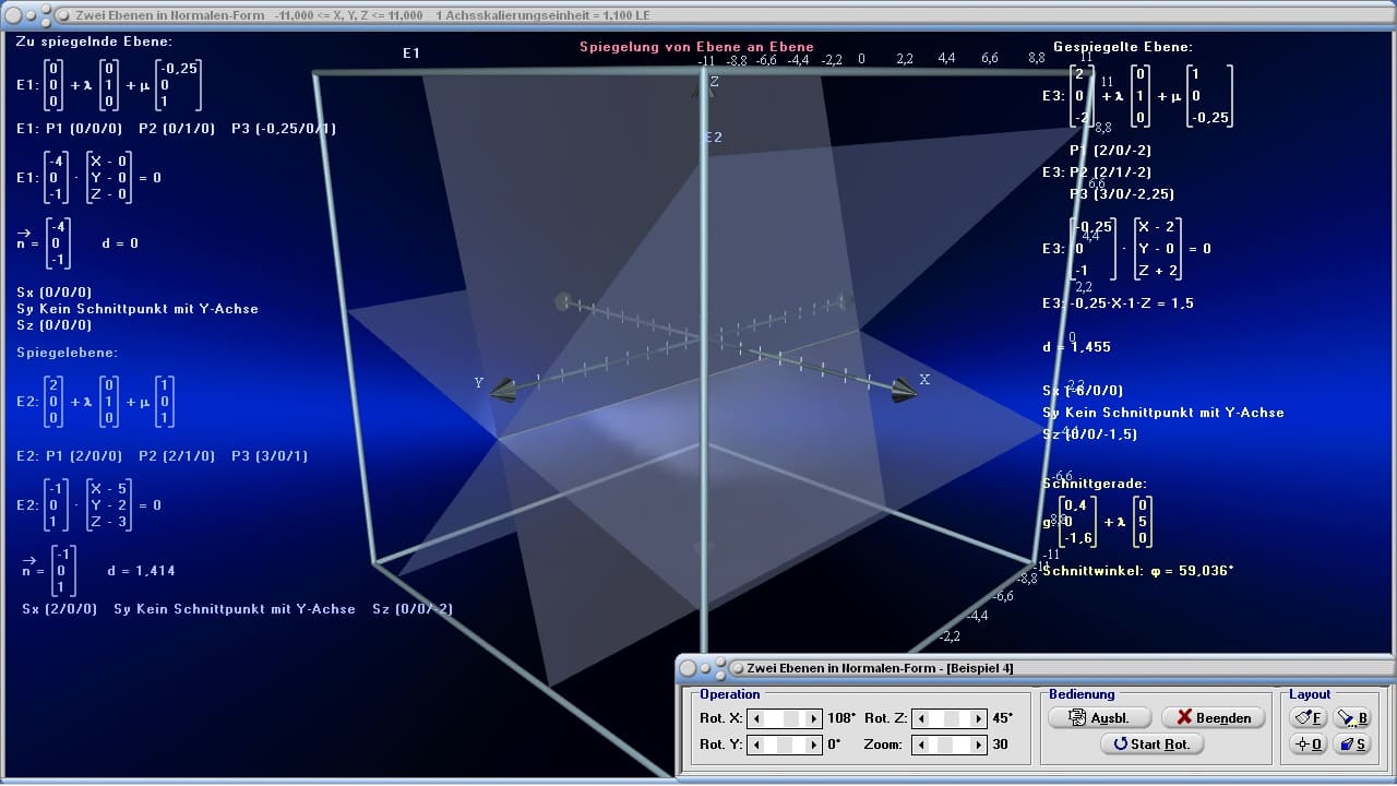 MathProf - Ebenen - Ebene-Ebene - Orthogonale Ebenen - Spurgerade - Gleichung einer Ebene - Winkel zwischen zwei Ebenen - Lage zweier Ebenen - Lage Ebene Ebene - Ebenendarstellung - Vektorielle Darstellung - Abstand zweier Ebenen - Umwandlung - Normalenform - Koordinatenform - Punktrichtungsform - Abstände - Umwandlung - Vektorgeometrie - Ebenen schneiden - Ebene bestimmen - Zwei Ebenen schneiden - Untersuchung - Untersuchen - Rechner - Berechnen