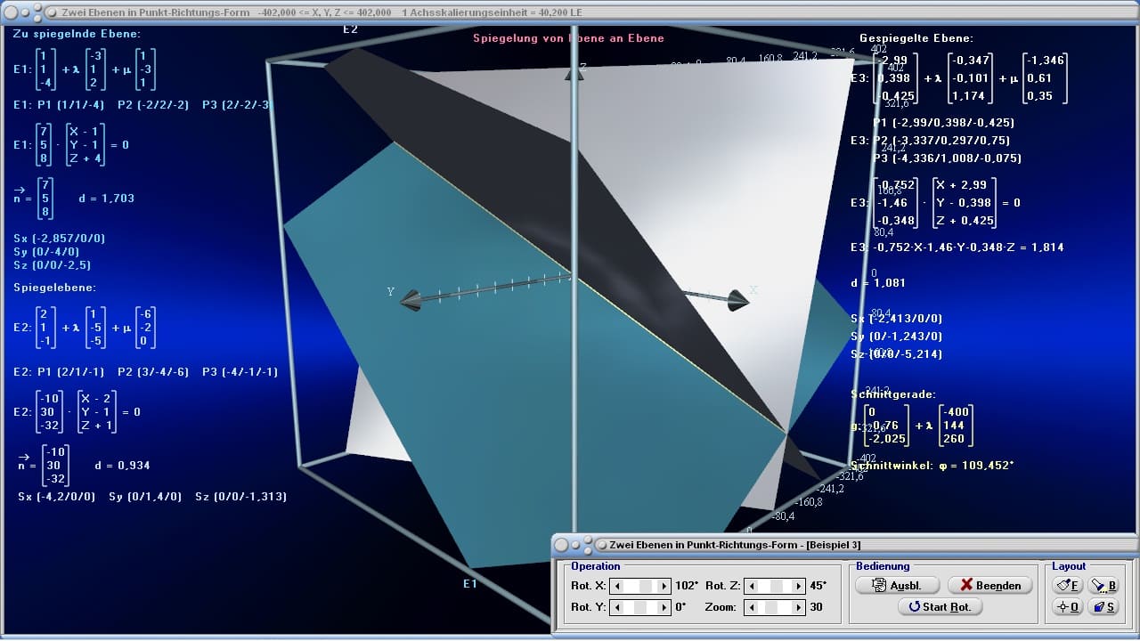 MathProf - Ebenen - Schneiden - Spiegeln - Berechnen - Abstand - Bestimmen - Bestimmung - Bilder - Raum - Räumlich - Winkel - Darstellung - Berechnung - Darstellen - Dreidimensional - 3D - Ebenenform - Bilden - Darstellen - Umwandeln - Lage von Ebenen - Neigungswinkel- Schnittgerade von Ebenen - Beziehungen - Präsentation - Windschief - Rechner - Berechnen