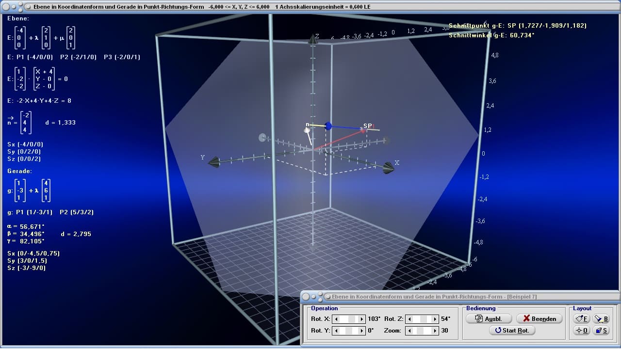 MathProf - Ebene - Koordinatengleichung - Abstandsberechnung Punkt Ebene - Parameterfreie Gleichung - Parameterfreie Darstellung - Abstandsberechnung Gerade Ebene - Ebene durch Ursprung - Umwandlung von Koordinatenform in Parameterform - Umwandlung von Koordinatenform in Normalenform - Abstand Punkt Ebene - Eigenschaften einer Ebene - Winkel - Berechnen - Darstellung - Berechnung - Plotter - Zeichnen - Darstellen - Graph - Grafisch - Bild - Gleichung - Formeln - Grafik - Rechner - Lagebeziehung berechnen - Plotten - Implizite Darstellung einer Ebene - Lagebeziehung Ebene Ebene - Lagebeziehung Punkt Ebene - Lagebeziehung Gerade Ebene - Rechner - Berechnen