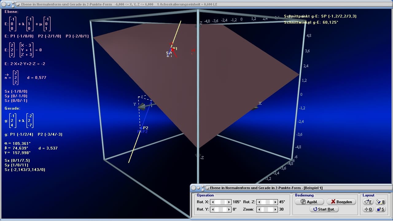 MathProf - Ebene - Ebenen - Gerade - Geraden - Punkt - Lineare Algebra - Mathematik - Normalenform - Normalenvektor - Neigungswinkel - Durchstoßpunkt - Normalform - Beispiel - Normalenvektor - Richtungsvektor - Ebenengleichung - Schnittpunkt von Gerade und Ebene - Stützvektor - Ortsvektor - Ebenen im Raum - Normalengleichung - Ebenengleichung - Spurpunkte - Rechner - Berechnen