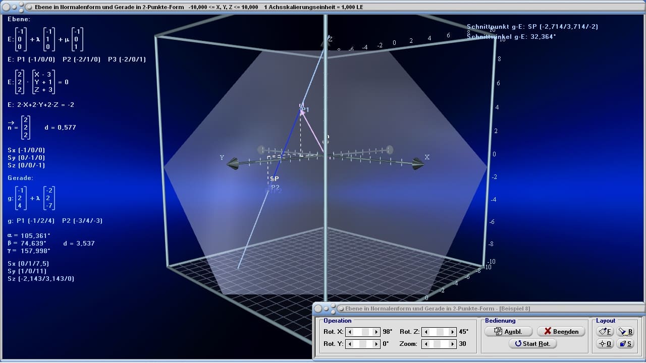 MathProf - Ebene - Ebene im Raum - Normalenform - Normalform - Normale - Ursprung - Durchstoßpunkt - Beispiele - Aufgaben - Berechnen - Darstellung - Berechnung - Eigenschaften - Darstellen - Graph - Grafisch - Bild - Plotter - Gleichung - Raum - Räumlich - Dreidimensional - 3D - Formel - Grafik - Zeichnen - Rechner - Plotten - Normalenvektor im Raum - Vektorielle Gleichung einer Ebene - Winkel zwischen Gerade und Ebene - Schnittpunktberechnung - Schnittwinkel Ebene Gerade - Normierter Normalenvektor einer Ebene - Normalabstand  Punkt Ebene - Vektorielle Gleichung einer Ebene - Rechner - Berechnen