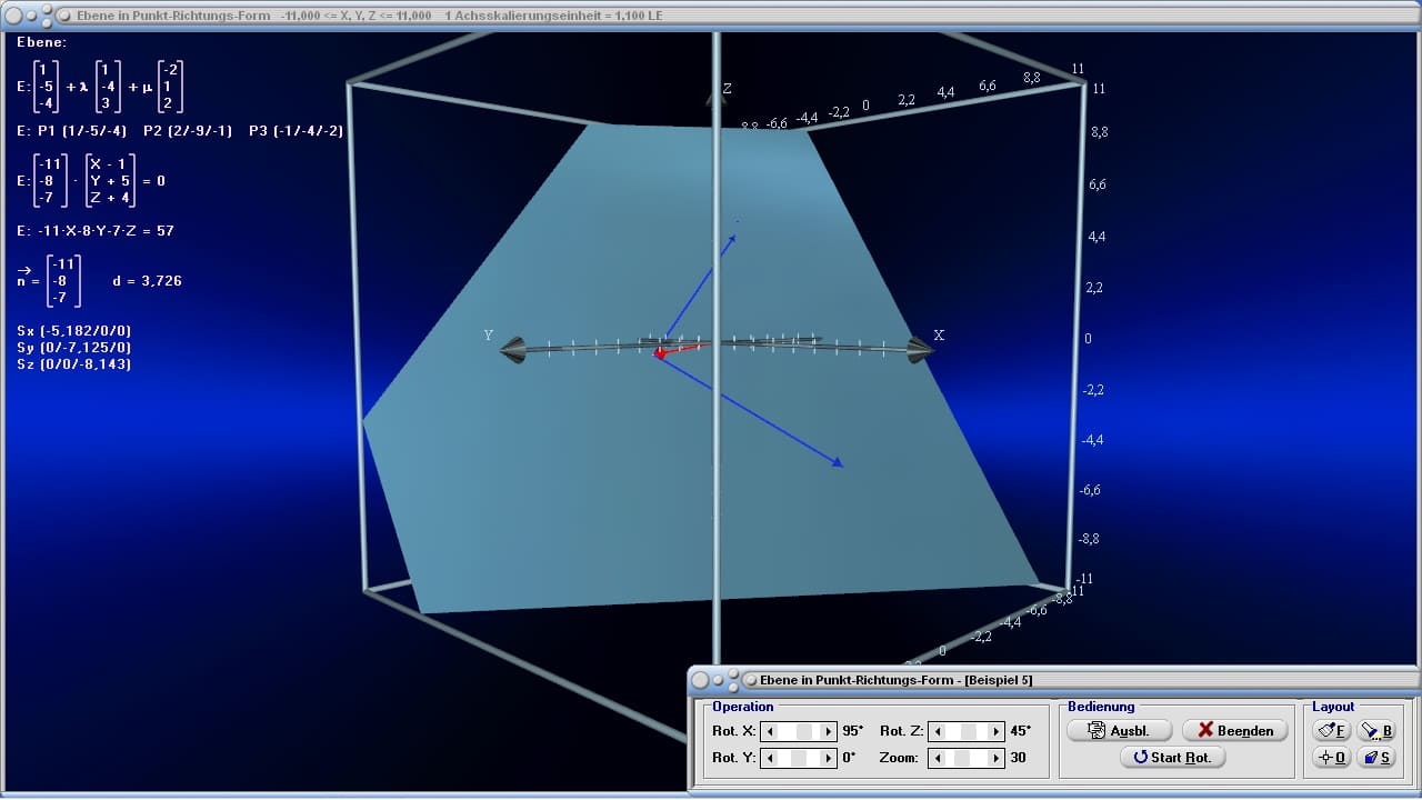 MathProf - Ebene - Ebenen - Gerade - Geraden - Punkt - Lagebeziehung - Spurpunkte - Vektorielle Gleichung - Vektorrechnung - Darstellen - Gleichung - Punkte - Beispiel - Lagebeziehungen - Parameterdarstellung - Abstand - Normalenvektor - Parametergleichung - Schnittpunkt Gerade Ebene - Parameterform - Ebenen im Raum - Durchstoßpunkt - Abstand Ebene Punkt - Vektorgeometrie - Ebene in Parameterform - Ebene in Parameterdarstellung - Punktrichtungsgleichung - Rechner - Berechnen