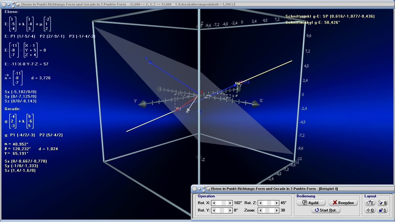 MathProf - Ebene - Spurpunkte einer Ebene - Normalenvektor einer Ebene - Abstand einer Gerade und einer Ebene - Darstellung einer Ebene - Durchstoßpunkt einer Gerade durch eine Ebene - Lagebeziehung von Ebene und Gerade - Abstand zwischen Punkt und Ebene - Abstand zwischen Gerade und Ebene - Punktrichtungsgleichung einer Ebene - Abstand einer Ebene vom Ursprung - Abstandsberechnung Punkt Ebene - Punkt - Punktprobe - Abstandsberechnung Gerade Ebene - Vektorielle Parametergleichung einer Ebene - Gegenseitige Lage von Ebene und Gerade - Ebenen im Raum - Aufpunkt - Stützvektor - Spannvektoren - Rechner - Berechnen