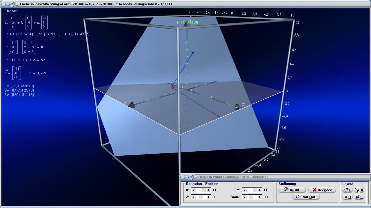 MathProf - Ebene - Ebenen - Gerade - Geraden - Punkt - Schnittpunkt - Schnittwinkel - Ortsvektor - Richtungsvektor - Windschief - Eigenschaften - Gleichung - Beispiel - Lagebeziehungen - Parameterdarstellung - Abstand - Normalenvektor - Ebenengleichung - Parametergleichung - Schnittpunkt Gerade Ebene - Parameterdarstellung - Parameterform - Ebenen im Raum - Ebenengleichung - Parametergleichung - Durchstoßpunkt - Spurpunkte - Parameterdarstellung - Lagebeziehung- Abstand Ebene Punkt - Vektorgeometrie - Ebene in Parameterform - Ebene in Parameterdarstellung - Punktrichtungsgleichung - Rechner - Berechnen
