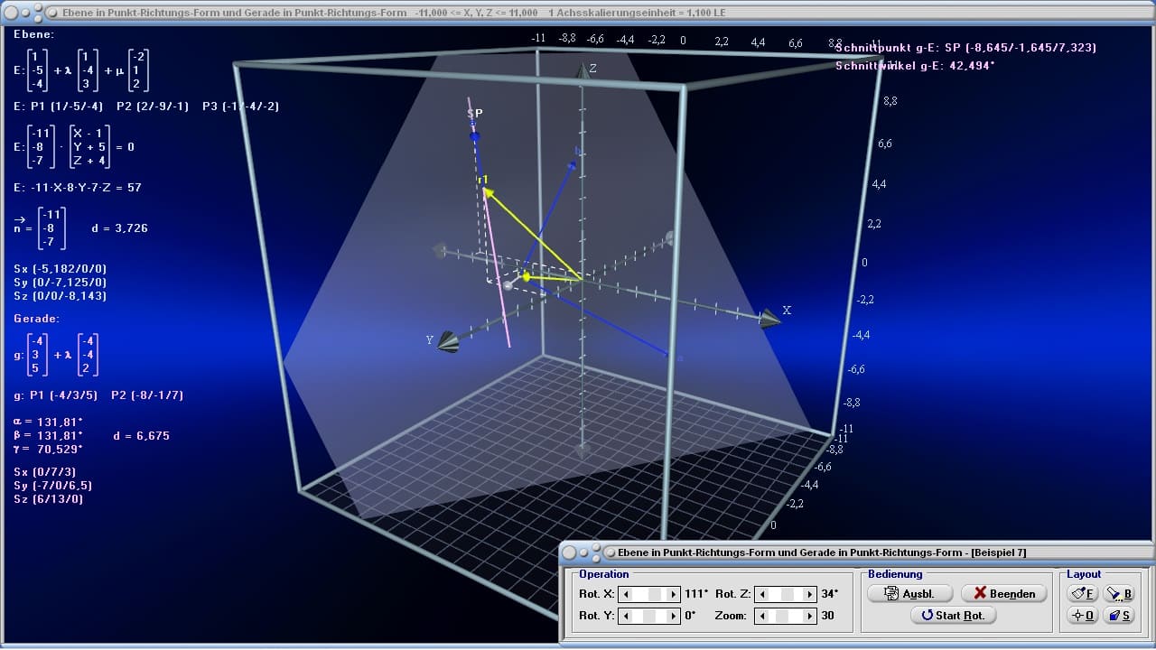 MathProf - Ebene - Abstandsberechnung - Parameter - Ebene plotten - Ebene zeichnen - Punktprobe mit einer Ebene - Ebene und Vektoren - Richtungsvektor einer Ebene - Ortsvektor einer Ebene - Winkel zwischen Gerade und Ebene - Spurpunkte einer Ebene berechnen - Durchstoßpunkt Gerade-Ebene - Umwandlung von Parameterform in Normalenform - Umwandlung von Parameterform in Koordinatenform - Umwandlung von Parameterform in explizite Form - Ebene und Gerade - Schneiden - Parallel - Lage - Normalabstand - N-Vektor - Punkt - Ebene - Schnittpunkte mit Koordinatenachsen - Darstellungsarten - Darstellungsformen - Formel - Spurpunkte - R3 - Gemeinsame Punkte - Winkel zwischen Gerade und Ebene - Schnittwinkel von Ebene und Gerade - Rechner - Berechnen