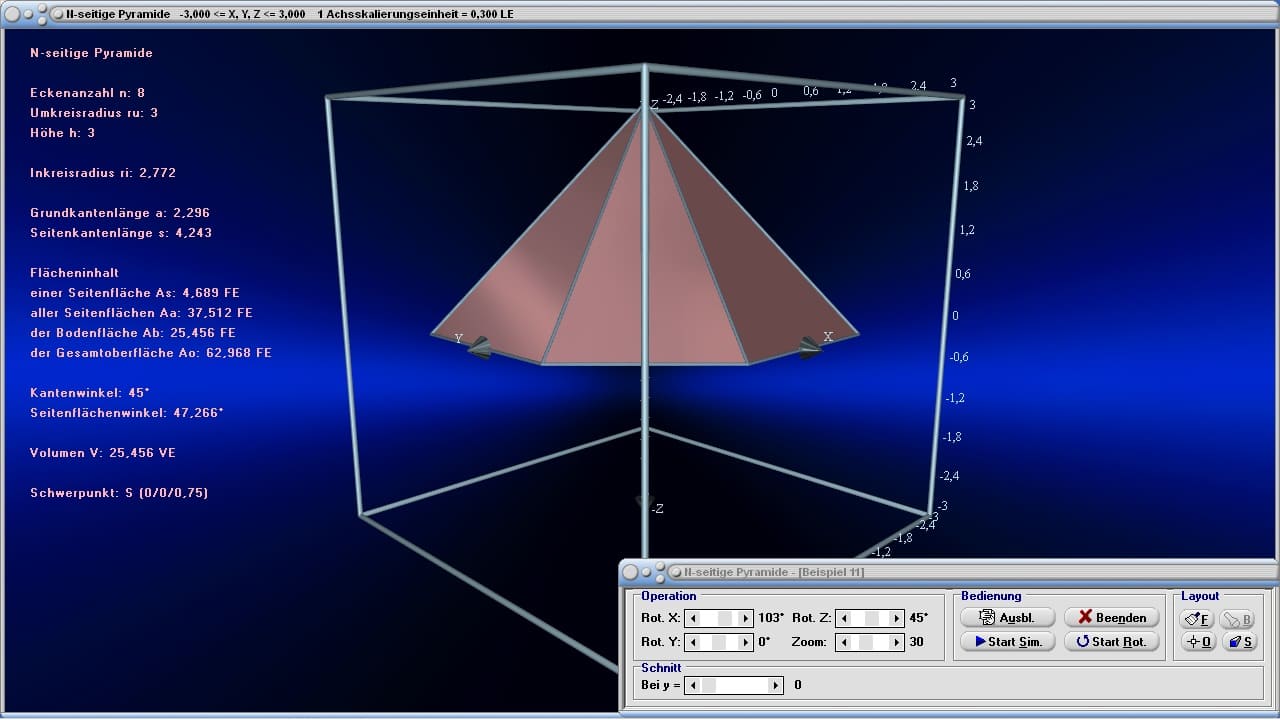 MathProf - N-seitige Pyramide - Rauminhalt - Seitenkante - Umfang - Volumen - Winkel - Kanten - Mantelfläche - Neigungswinkel - Oberfläche - Beispiel - Eigenschaften - Formeln - Darstellen - Plotten - Graph - Grafik - Zeichnen - Plotter - Rechner - Berechnen - Schaubild