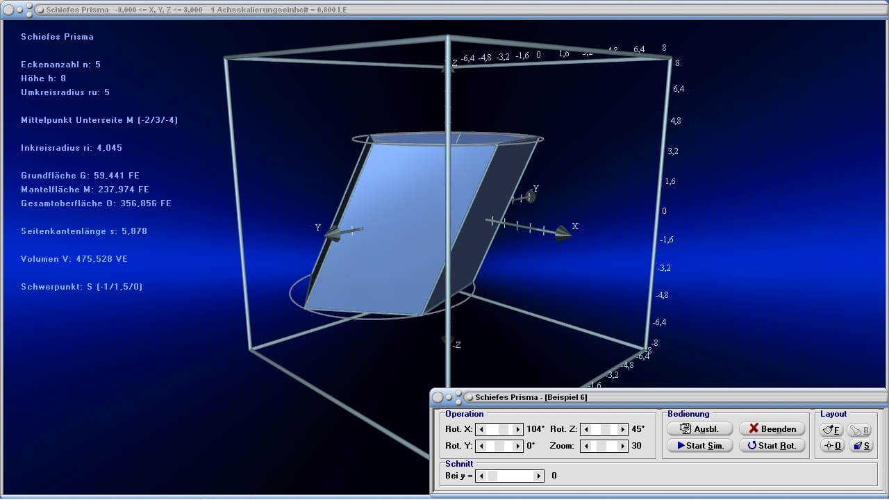 MathProf - Schiefes Prisma - Prismen - Flächen - Geometrie - Mantelfläche - Oberfläche - Winkel - Beispiel - Höhe - Eigenschaften - Formeln - Darstellen - Plotten - Graph - Grafik - Zeichnen - Plotter - Rechner - Berechnen - Schaubild