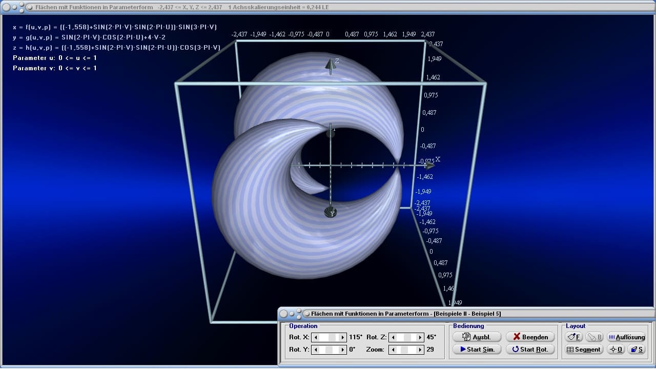 MathProf - Parametrisierte Flächen - Animationen - Parametergleichungen - Parametrische Flächen - Parameter - Parameterdarstellung - Gekrümmte Fläche - Funktion - Parameterform - 3D - Fläche - Beispiel - 3D-Plotter - 3D-Funktionsplot - Plotter - 3D-Flächen - Funktionsplotter - Funktion mit 2 Variablen - Mehrdimensionale Funktionen - Funktionen mit mehreren Variablen - 3D-Plot - 3D-Grafik - Funktionsplotter - Grafisch - Rechner - Darstellen - Plotten - Graph - Grafik - Zeichnen - Schaubild