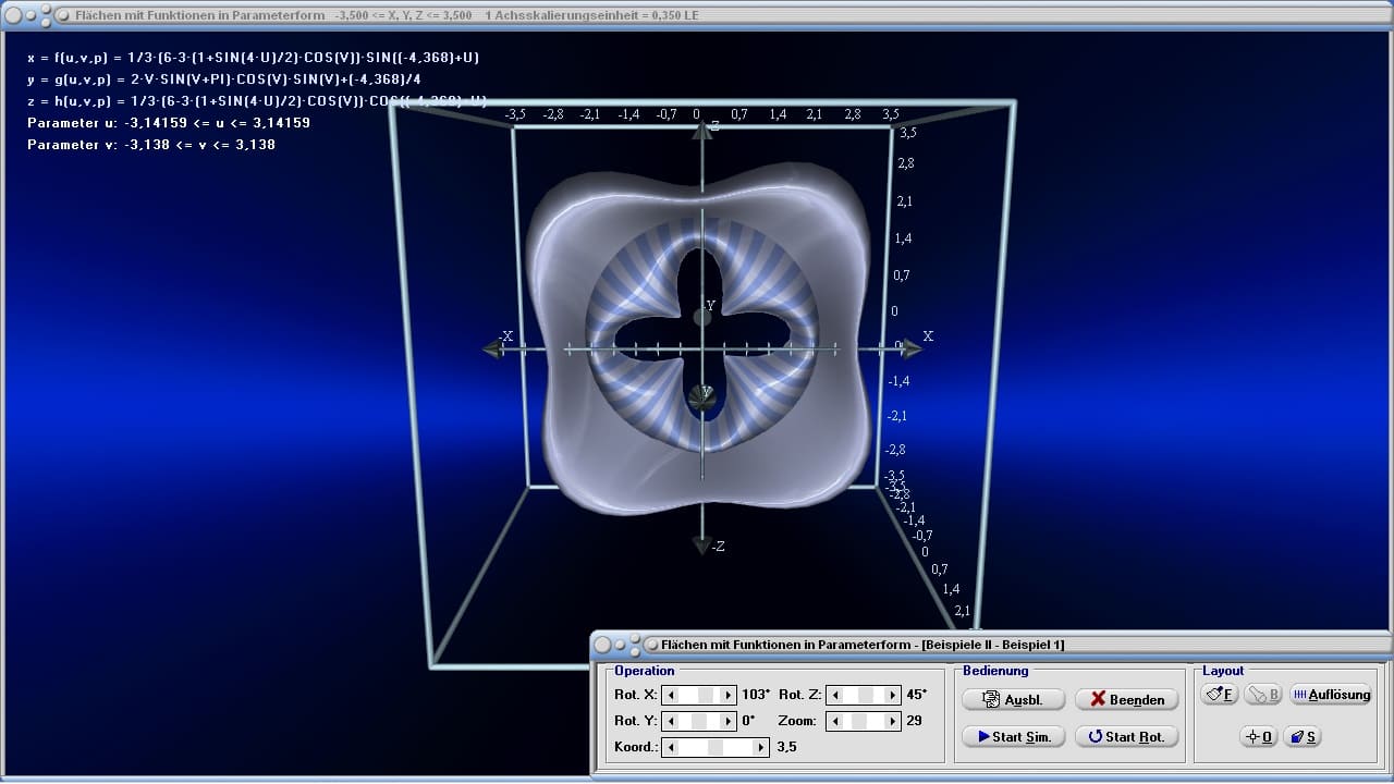 MathProf - Funktionen mehrerer Veränderlicher - Parametrisierte Flächen - Parameter - Parameterdarstellung - Gekrümmte Fläche - Funktion - Parameterform - Parametergleichung - 3D - Fläche - Beispiel - 3D-Plotter - 3D-Funktionsplot - Plotten - 3D-Flächen - Funktionsplotter - Funktion mit 2 Variablen - Grafisch - Darstellen - Plotter - Graph - Grafik - Zeichnen - Schaubild