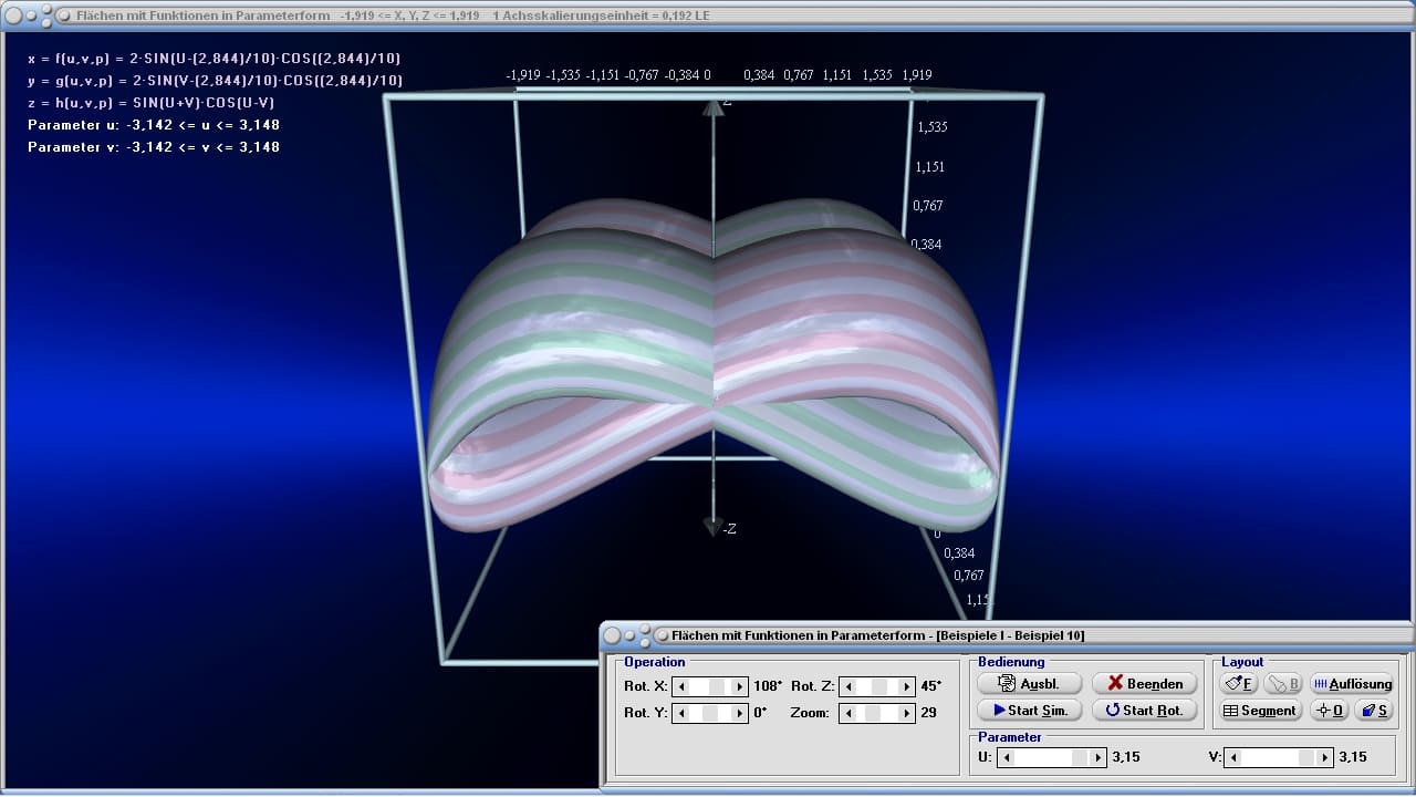 MathProf - Parametrisierte Flächen - Funktionen mit zwei Variablen - 3D-Animation - Parametergleichungen - Parameterdarstellung - Funktion - Parameterform - Parametergleichung - 3D - Fläche - Beispiel - 3D-Plotter - 3D-Funktionsplot - Plotten - 3D-Flächen - Funktionsplotter - Funktion mit 2 Variablen - Mehrdimensionale Funktionen - Funktionen mit mehreren Variablen - 3D-Plot - 3D-Grafik - Gekrümmte Flächen - Darstellen - Graph - Grafik - Zeichnen - Plotter - Rechner - Berechnen - Schaubild