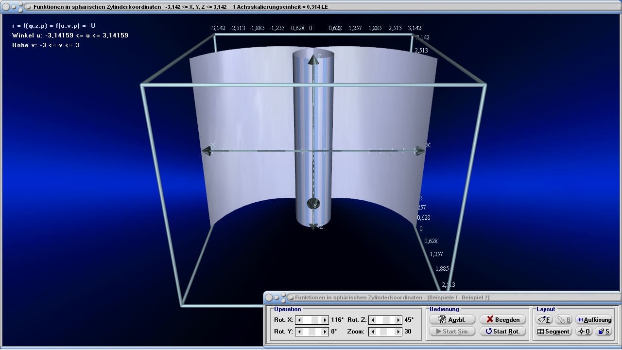MathProf - Zylinderkoordinaten - Funktionen - 3D - Flächenfunktion - Zylinderkoordinatensystem - Flächenelement - Beispiel - Rechner - 3D-Funktionen - Funktionsplot - 3D-Flächen - Plotter - Grafisch - Darstellen - Plotten - Graph - Grafik - Zeichnen