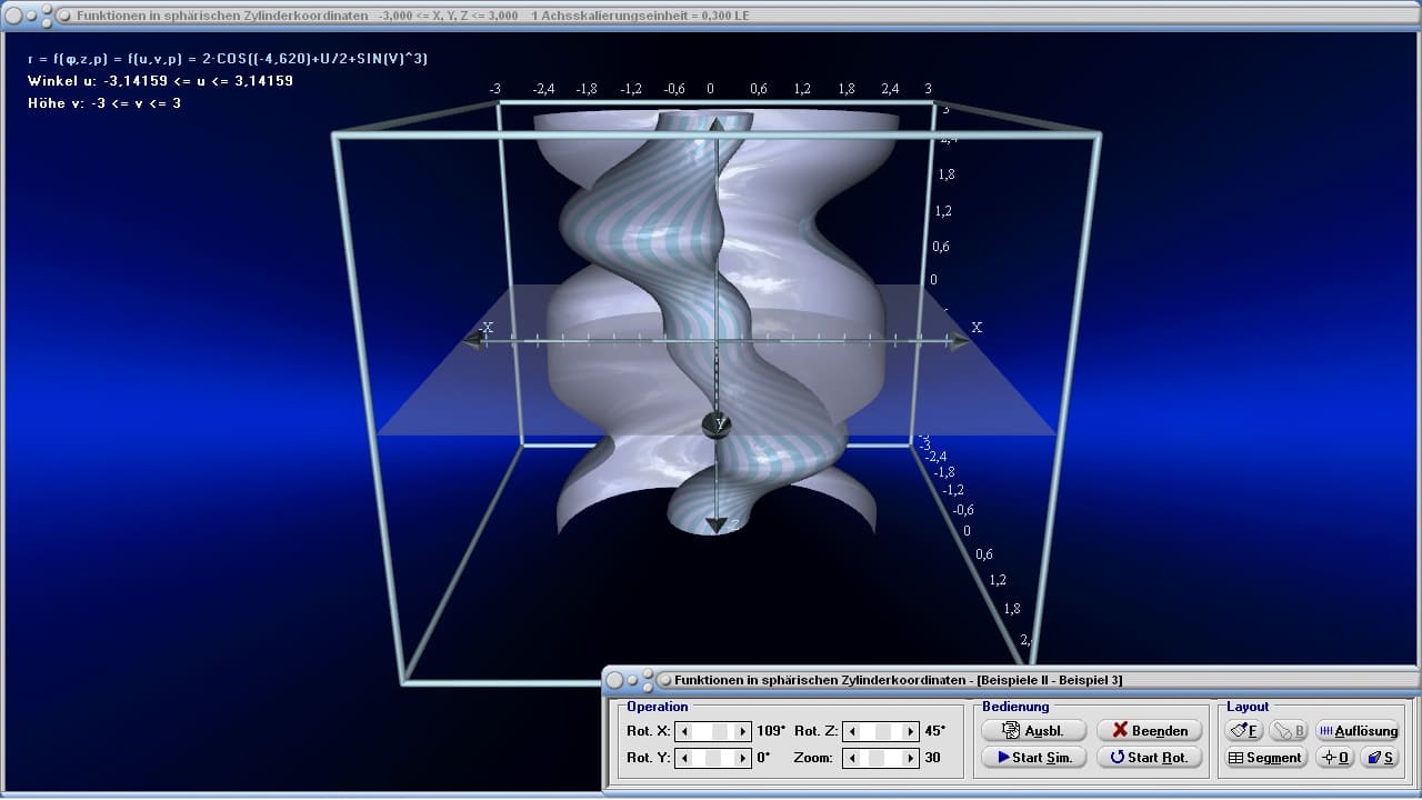 MathProf - Zylinderkoordinaten - Funktionen - 3D - Flächenfunktion - Zylinderkoordinatensystem - Flächenelement - Beispiel - Rechner - 3D-Funktionen - Funktionsplot - 3D-Flächen - Plotter - Grafisch - Darstellen - Plotten - Graph - Grafik - Zeichnen