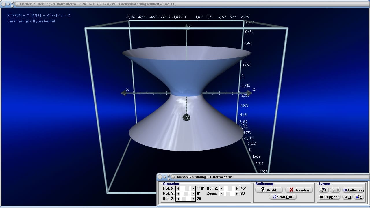 MathProf - Flächen zweiter Ordnung - Hyperboloid - Flächen 2. Ordnung - Berechnen - Graph - Funktion - Animation - Gleichung - Koordinaten - Plotter - Normalform - Beispiel - Quadriken - Kegelschnitt - Kegelschnitte - Rotationshyperboloid - Kegelschnittgleichung - Quadrik -3D - Darstellen - Plotten - Grafik - Zeichnen - Rechner