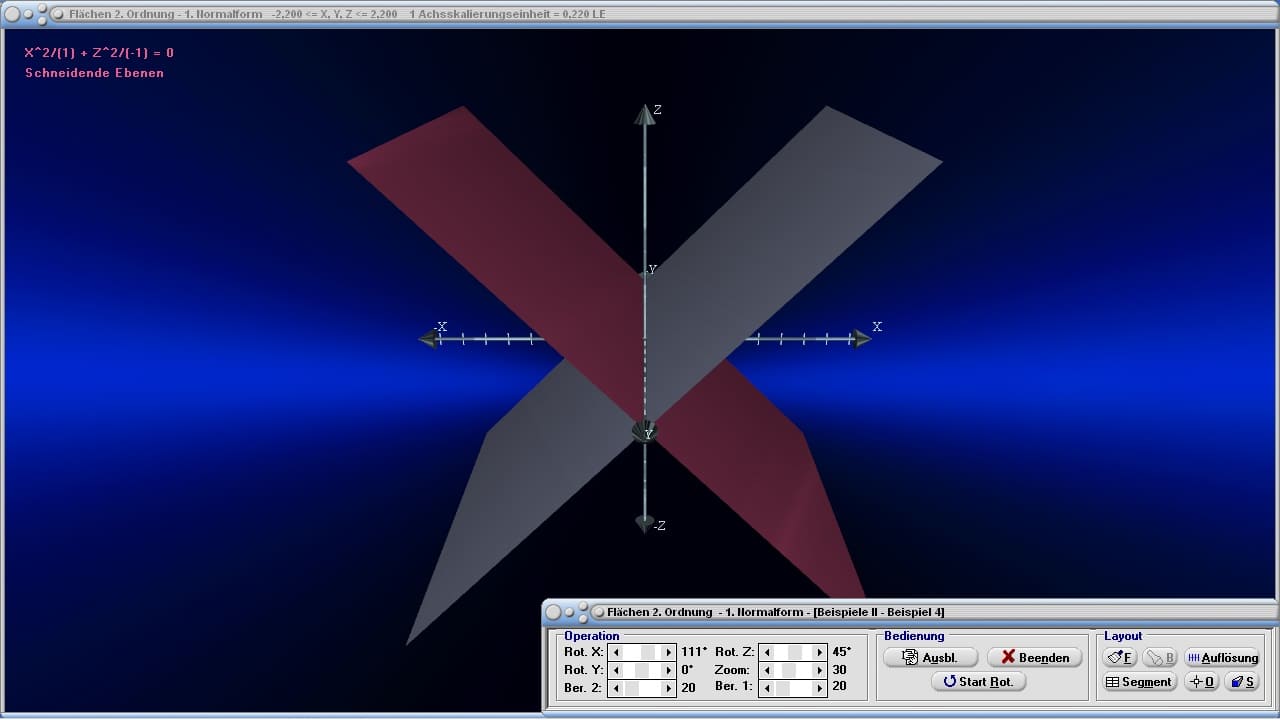MathProf - Ebenen - Flächen 2. Ordnung - Berechnen - Graph - Funktion - Animation - Gleichung - Koordinaten - Plotter - Normalform - Beispiel - Kegelschnitt - Kegelschnitte - Kegelschnittgleichung - Quadrik - Quadriken - 3D - 1. Normalform - Darstellen - Plotten - Grafik - Zeichnen - Rechner - Berechnen