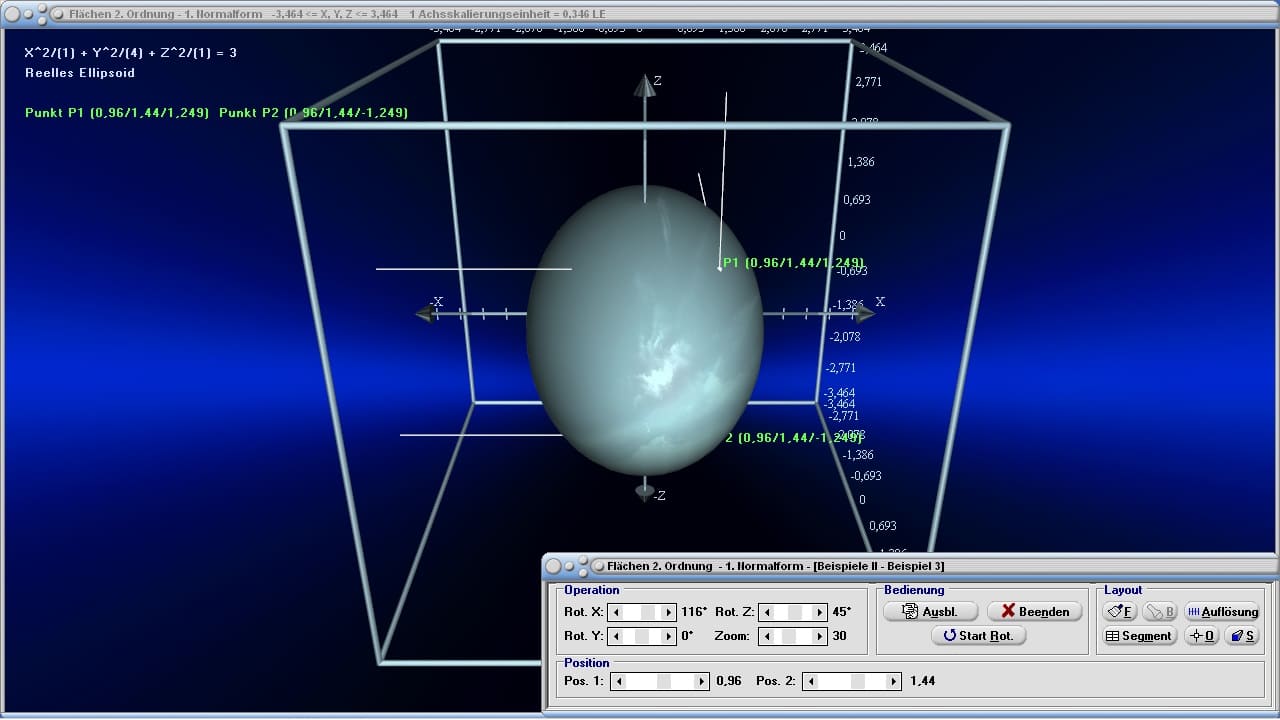 MathProf - Ellipsoid - Rotationsellipsoid - Reelles Ellipsoid - Definition - Formel - Typen - Eigenschaften - Grafisch - Bild - Bilder - Darstellung - Berechnung - Beispiele - Ellipsoide - Fläche 2. Ordnung - Berechnen - Graph - Funktion - Animation - Gleichung - Koordinaten - Plotter - Normalform - Beispiel - Quadriken - Kegelschnitt - Kegelschnitte - Kegelschnittgleichung - Quadrik - Funktionswerte - Quadriken - 3D - Darstellen - Plotten - Zeichnen - Rechner