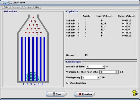 MathProf - Galton-Brett - Galton board - Galtonbrett - Simulation - Wahrscheinlichkeitsrechnung - Bernoulli - Experiment - Möglichkeiten - Programm - Stochastik - Beispiel - Nagelbrett - Spiel - Empirische Wahrscheinlichkeit - Theoretische Wahrscheinlichkeit - Binomialverteilung - Bernoulli - Plotter - Stufen - Funktionsweise - Tabelle - Graph - Rechner - Animation - Wege - Wahrscheinlichkeit - Erwartungswert - Grafik