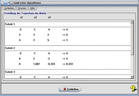 MathProf - Gauß - Algorithmus - LGS - Gleichungssystem - Verfahren - Matrix - Rechner für den Gauß-Algorithmus - Gauß-Verfahren - Methode - Gleichsetzungsverfahren - Koeffizientenmatrix - Gaußsches Eliminationsverfahren - Gaußsche Elimination - Additionsverfahren - Gauß-Verfahren - Rechner - Berechnen - Berechnung- Schritte - Aufgaben - Regeln - Erklärung - Beschreibung - Abitur - Mathematik - Abi - Mathe - Arbeitsblatt - Arbeitsblätter - Unterrichtsmaterial - Übungsaufgaben - Üben - Übungen - Aufgaben