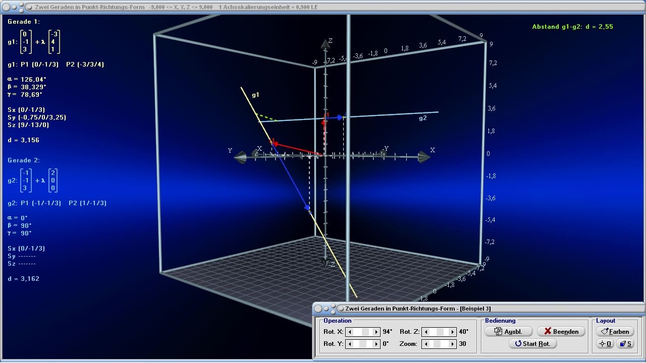 MathProf - Gerade - Geraden - Punkt - Lagebeziehung - Spurpunkte - Vektorielle Gleichung - Windschiefe Gerade - Winkel - Beispiel - Parameterdarstellung - Gerade im Raum - Abstand - Parameterform - Geraden im Raum - Geradengleichung - Parametergleichung - Schnittpunkt zweier Geraden - Vektorgeometrie - Windschiefe Geraden - Parallele Geraden - Abstand Punkt Gerade - Punktrichtungsgleichung einer Gerade