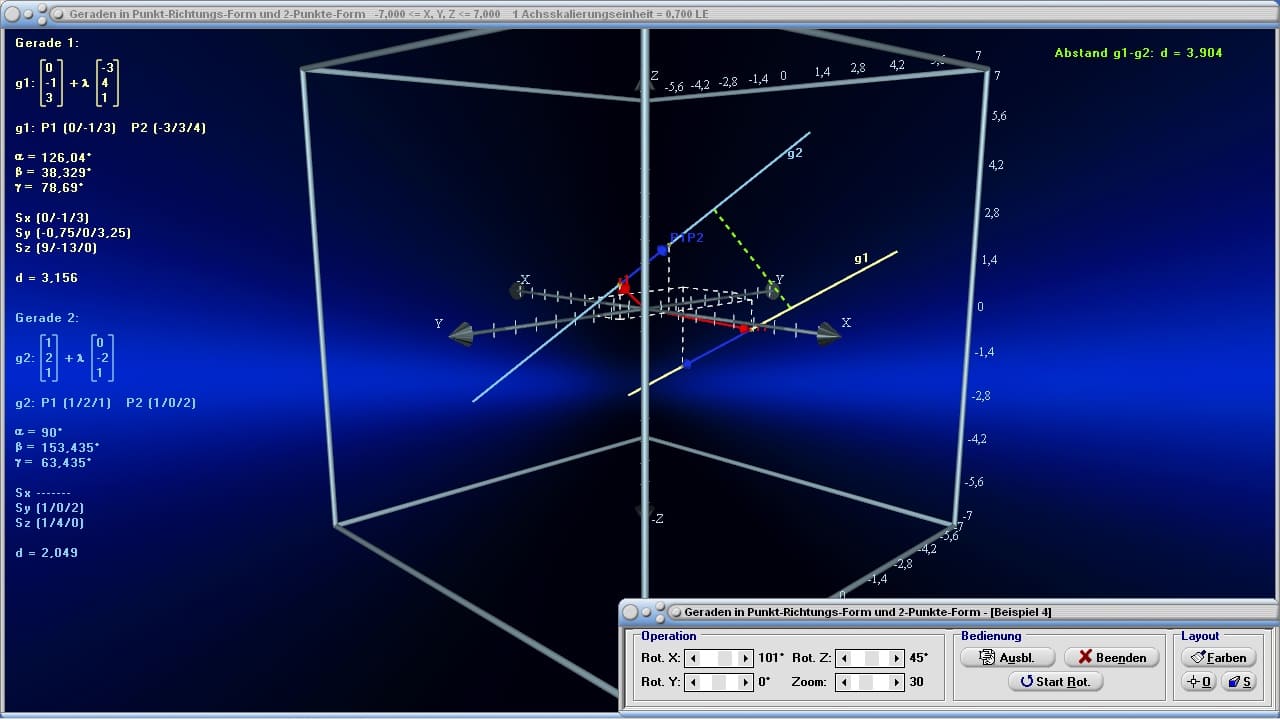 MathProf - Gerade - Geraden - Punkt - Berechnen - Vektor - Geometrie - Vektorgeometrie - Lagebeziehung - Spurpunkte - Schnittwinkel - Neigungswinkel - Ortsvektor - Richtungsvektor - Beispiel - Parameterdarstellung - Gerade im Raum - Abstand - Parameterform - Schnittpunkt zweier Geraden - Geraden im Raum - Windschiefe Geraden - Parallele Geraden - Abstand Punkt Gerade